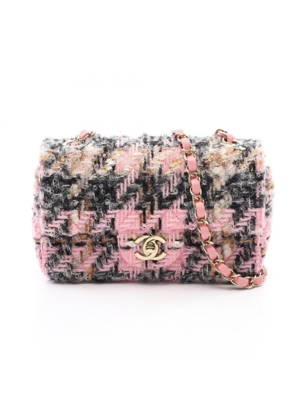 Chanel Shoulder Bag Mini Quilted 20 Pink Black White Fabric Leather Chain